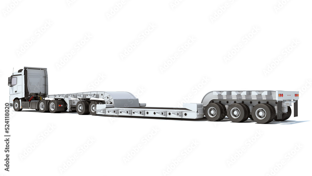 Wall mural Truck with Lowboy Trailer 3D rendering on white background