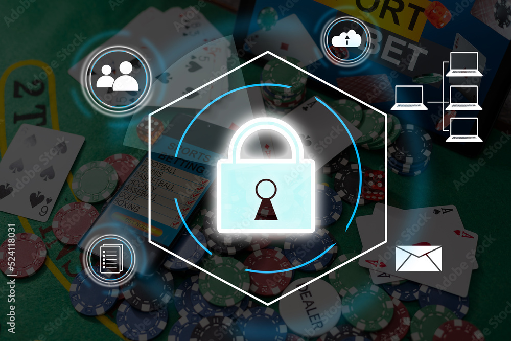 Poster digital padlock icon, cyber security network and data protection technology on virtual interface scr