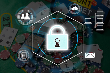 Digital padlock icon, cyber security network and data protection technology on virtual interface screen. Online internet authorized access against cyber attack.and business data privacy concept.