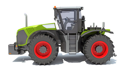 Wheeled Tractor farm equipment 3D rendering on white background