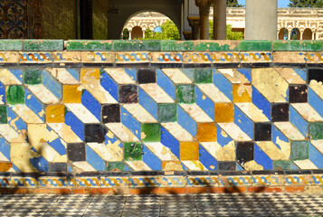 Azulejos en el Pabellón de Carlos V. Jardines del Alcázar de Sevilla, Andalucía, España