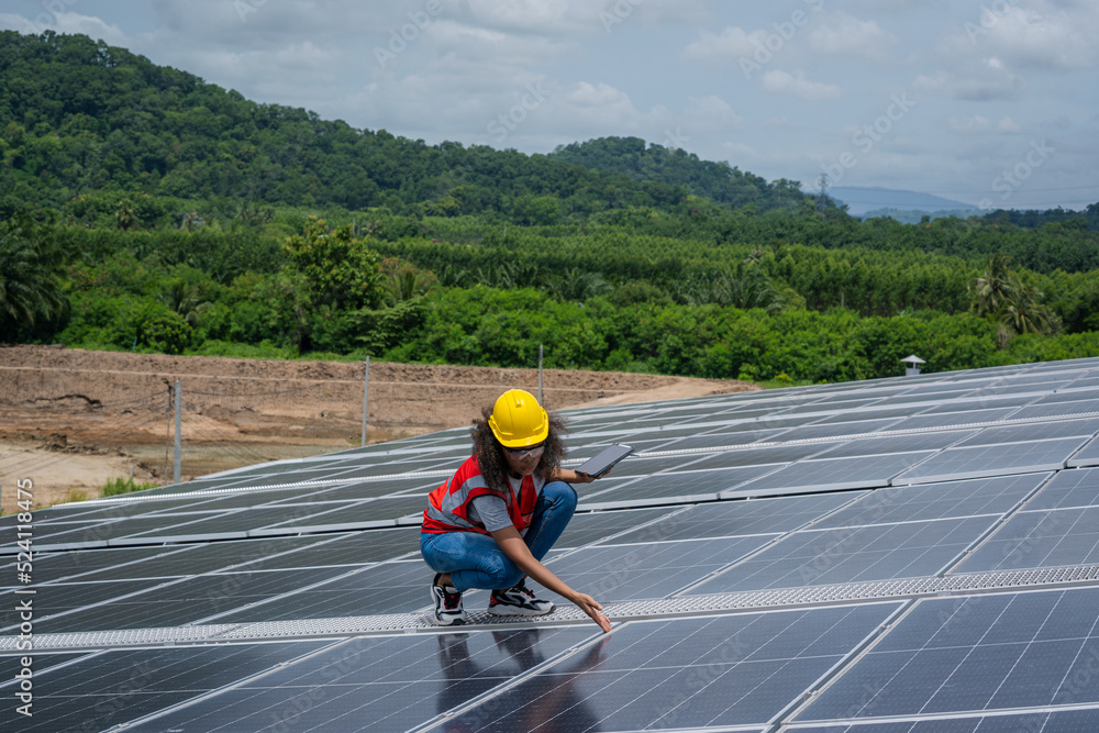 Poster technicians are checking solar panel,engineer service check installation solar cell on the roof of f