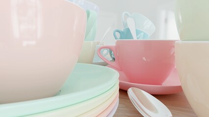 There are a lot of kitchen utensils on the table. 