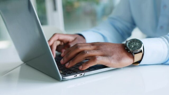 Hands typing, web search and working business man on a work computer busy with a job email. Online planning, digital research and internet browsing of a male startup entrepreneur writing a project