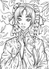 Pretty cartoon smiling girl in Asian clothes and accessories, anime style. Hand-drawn vector illustration. Outline art for coloring books, tattoos, cards, etc. Isolated on white background.