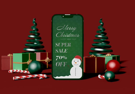 Front View of Screen Smartphone with Christmas Trees Mockup