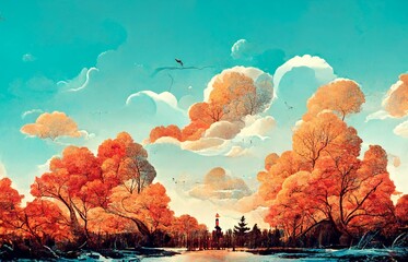 Fototapeta premium Illustration of beautiful sunset and forest.