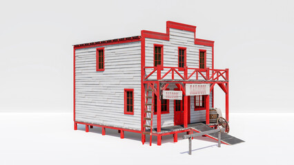 Western saloon building isolated on white background, 3d rendering