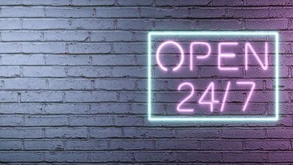 Fototapeta premium Open 24 hours 7 days neon sign on white brick wall background with copy space for text, 3d rendering.