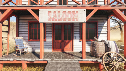 Old vintage western saloon isolated on the field in Wild West, 3d rendering