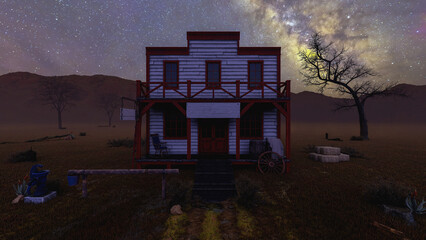 Old vintage western saloon isolated on the field in Wild West with night sky, 3d rendering