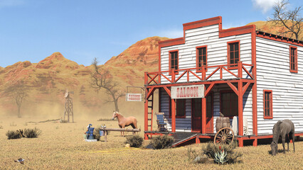 Old vintage western saloon isolated on the field in Wild West, 3d rendering - obrazy, fototapety, plakaty
