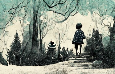 A girl walking on stone steps in the forest.