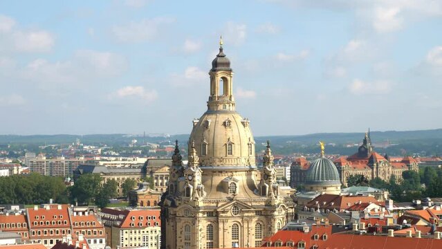 Aerial view of Dresden to church of our lady, Semperoper, Bruehl's Terrace and Cathedral. Travel and sights of city breaks. landmarks, travel guide Europe. Frauenkirche in Dresden, Germany