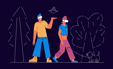 The concept of a metaverse with people walking in a virtual park. Vector illustration in flat style