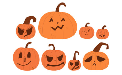 Set of Halloween pumpkins with different emotions. Vector illustration hand drawn in style