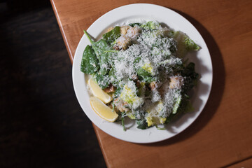 Top down of a caesar salad 