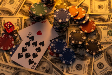 poker chips and money, dollars.