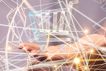 Businessman pressing modern technology panel shopping cart web phone credit card.