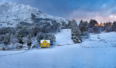 Lonely house on Godøy in winter, Sunnmøre, Møre og Romsdal, Norway.