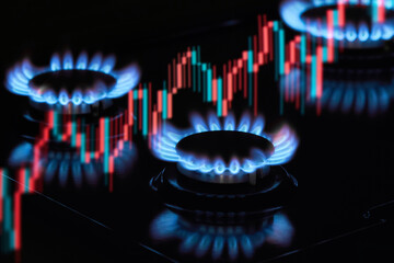 Flaming gas burners on household kitchen stove with an exchange graph of the growth in the cost of...