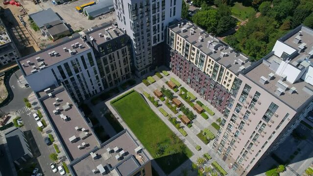 Drone aerial view modern building Residential complex Faina Town. Construction of residential premises. Kyiv capital of Ukraine
