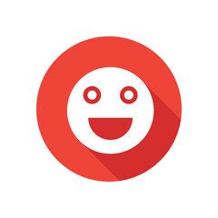 Happy face emoji flat icon, round button in long shadow style.