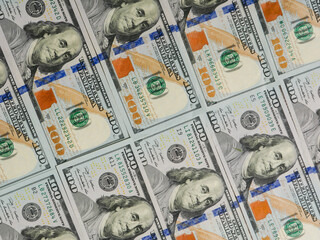 100-dollar bills close-up view from above.
