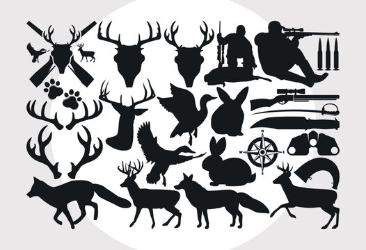 Hunting SVG Bundle, Hunter svg, Duck Svg, Fox Svg, Deer Antlers Svg, Deer Svg, Bunny Svg, Gun, Compass, Bullet,
Camera, Knife, Sword, Paw