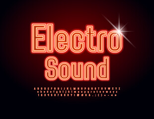 Vector bright flyer Electro Sound. Neon Alphabet Letters, Numbers and Symbols set. Light tube Font