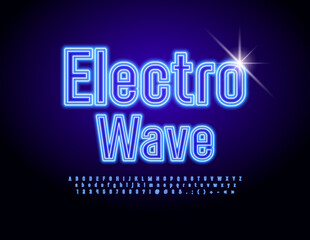 Fototapeta na wymiar Vector neon poster Electro Wave. Blue illuminated Font. Led Alphabet Letters, Numbers and Symbols set 