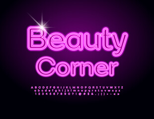 Vector glamour logo Beauty Corner. Pink Neon Font. Glowing Alphabet Letters, Numbers and Symbols set