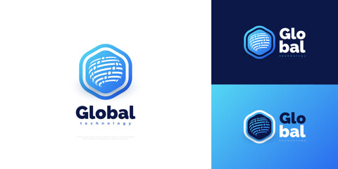 Blue Technology Global Logo. World Logo or Icon for Business and Technology Brand Identity. Artificial Intelligence Logo