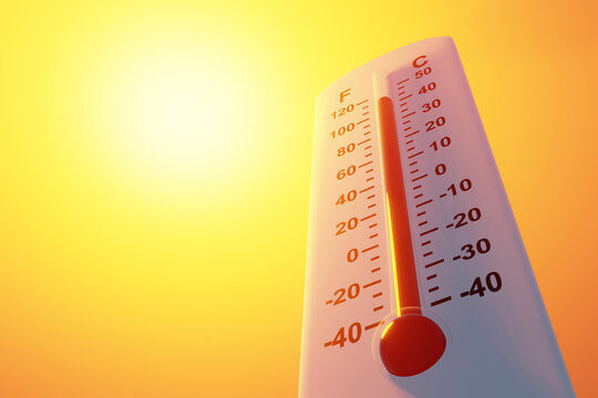 Thermometer showing high temperature under bright sunlight on orange sky background. Illustration of global heatwave, hot summer, overheating and drought