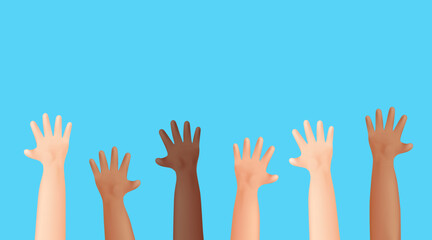 Peace no war 3d vector multi ethnic hands gesturing on blue background. World peace day illustration