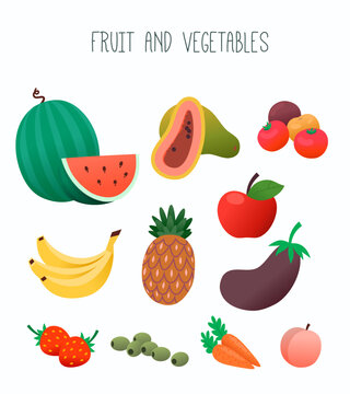 Collection of grocery goods fruit and vegetables commonly sold at a supermarket. Images for labels for organic foods department or online store, media and web. Isolated vector image.