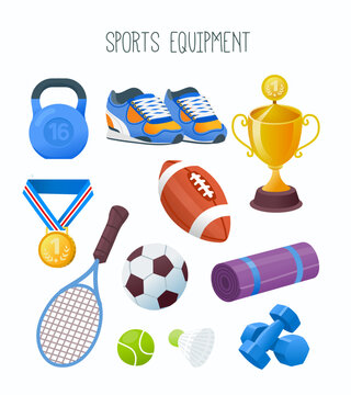 Collection of sports equipment commonly sold at a supermarket. Images for labels for sports goods department or online store, media and web. Isolated vector image.