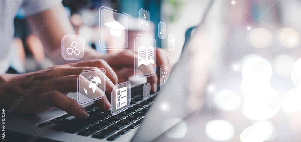 Aufkleber concept of online education. man use online education training and e-learning webinar on internet fo
