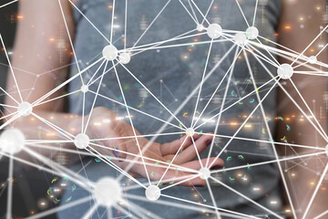 abstract lines with dots over dark background.