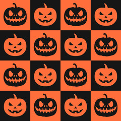Halloween seamless pattern made up of black and orange pumpkins. Holiday endless pattern of many Jack heads for printing on package, wrapper, envelopes, cards, clothes or accessories. Pumpkin lanterns