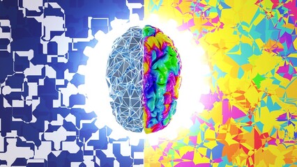 A 3D illustration of a brain that is half digital and half analog 