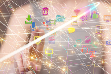 abstract lines with dots over dark background.