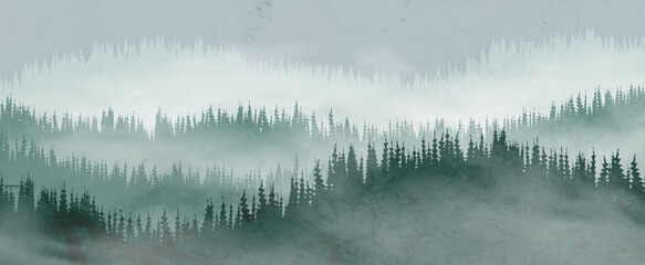 Landscape art background with mountains and hills and forest in fog in a watercolor style. Vector banner for decoration design, wallpaper, packaging, fabric