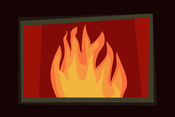 Flat simple illustration of fireplace in cottage. Burning wood in winter time at cozy place.