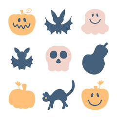 Cute happy halloween characters, spooky clipart collection. Perfect for T-shirt, stickers, poster, card. Hand drawn isolated vector illustration for decor and design.