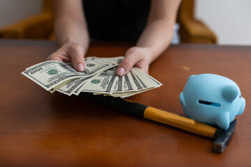 Woman holding US dollar money, hammer, piggy bank
