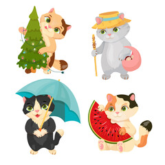 Set of cute cats. Animals are resting, doing sports or hobbies. Pet. Kitten. Vector illustration.