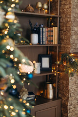 Bookcase with books and Christmas decorations through bokeh from Christmas tree lights. Christmas decorations
