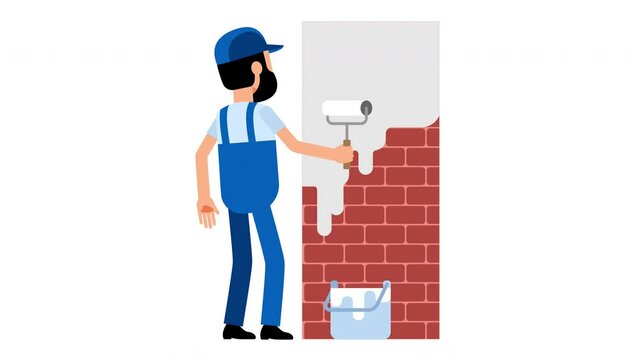 Painter worker paints a brick wall. looped animation.