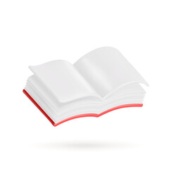 Open book, diary with white paper blank pages and bookmark. 3d vector icon. Cartoon minimal style.